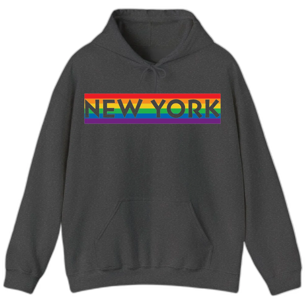 New York pride rainbow design with gray text over six-color pride flag stripes in red, orange, yellow, green, blue, and purple in Dark Heather