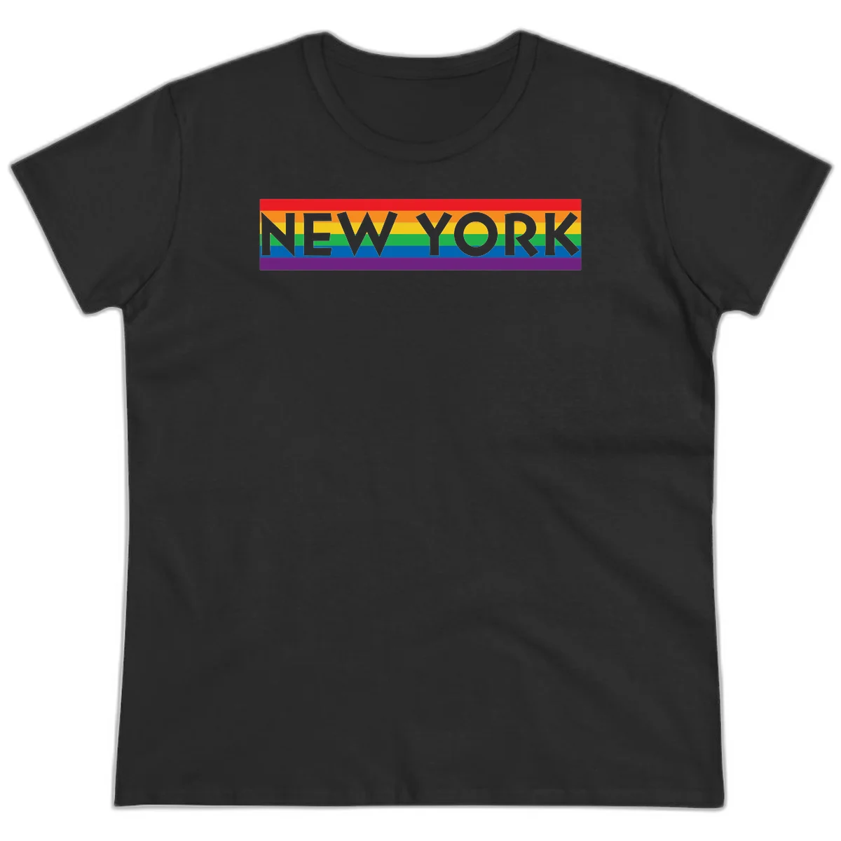New York pride rainbow design with gray text over six-color pride flag stripes in red, orange, yellow, green, blue, and purple in Black