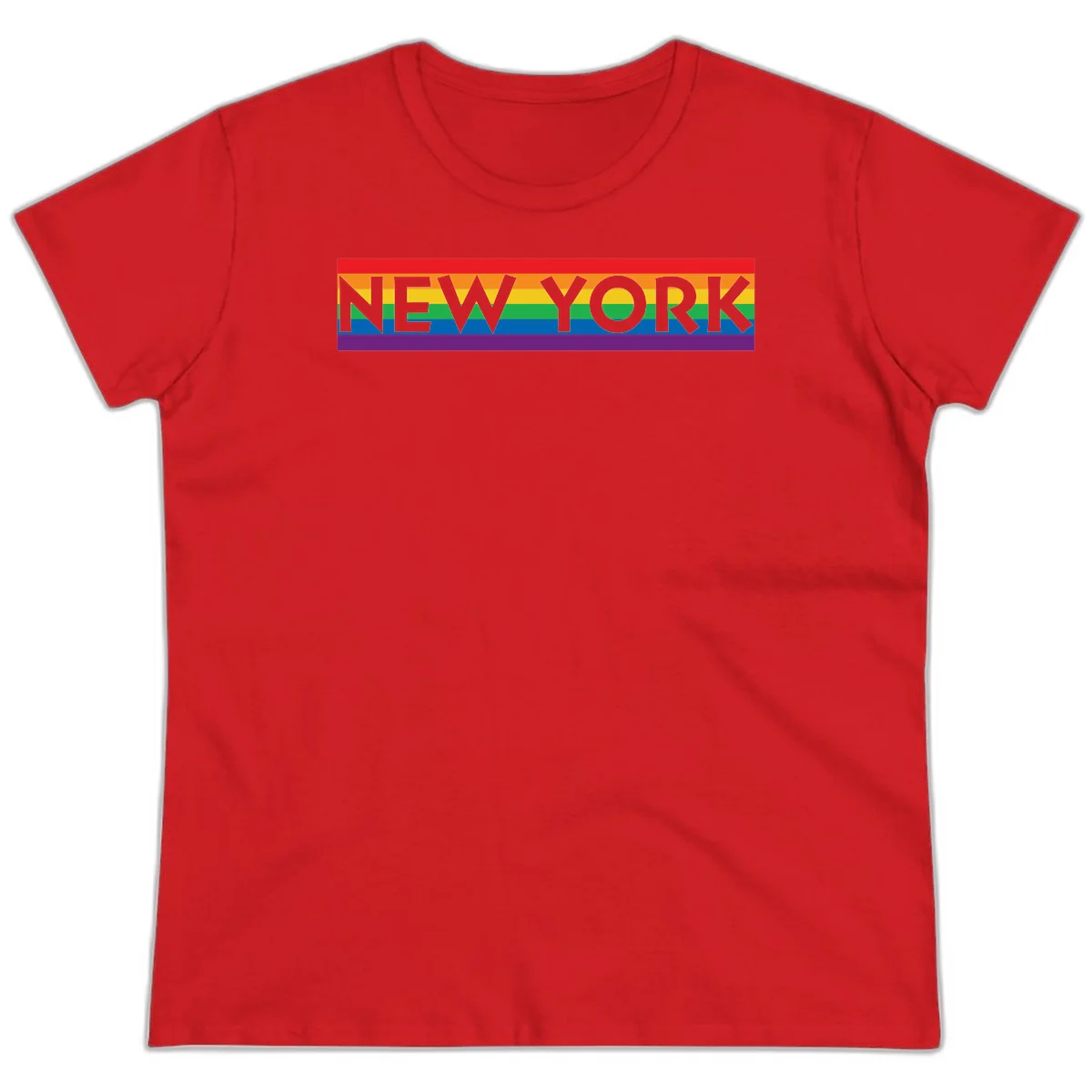 New York pride rainbow design with gray text over six-color pride flag stripes in red, orange, yellow, green, blue, and purple in Red