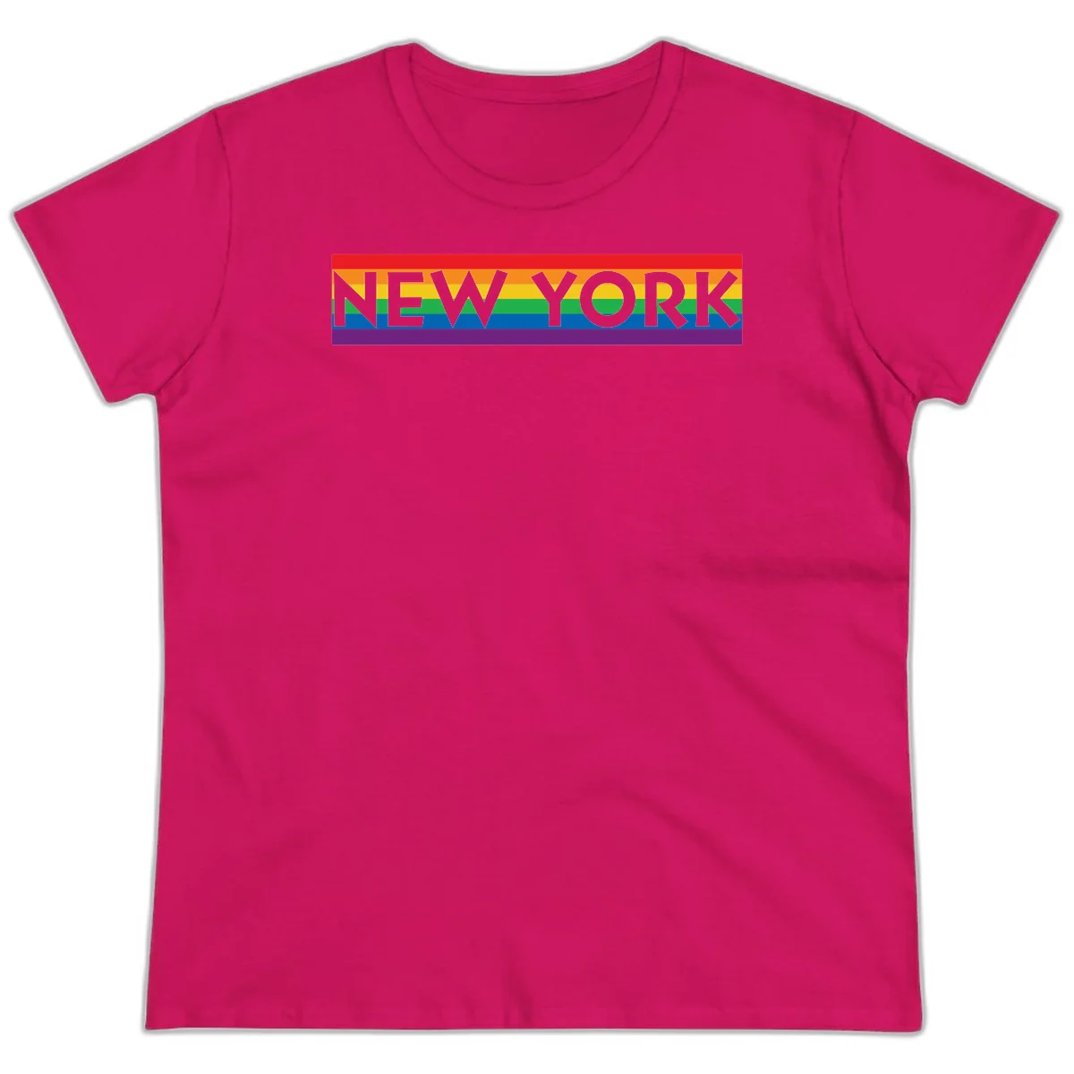 New York pride rainbow design with gray text over six-color pride flag stripes in red, orange, yellow, green, blue, and purple in Heliconia