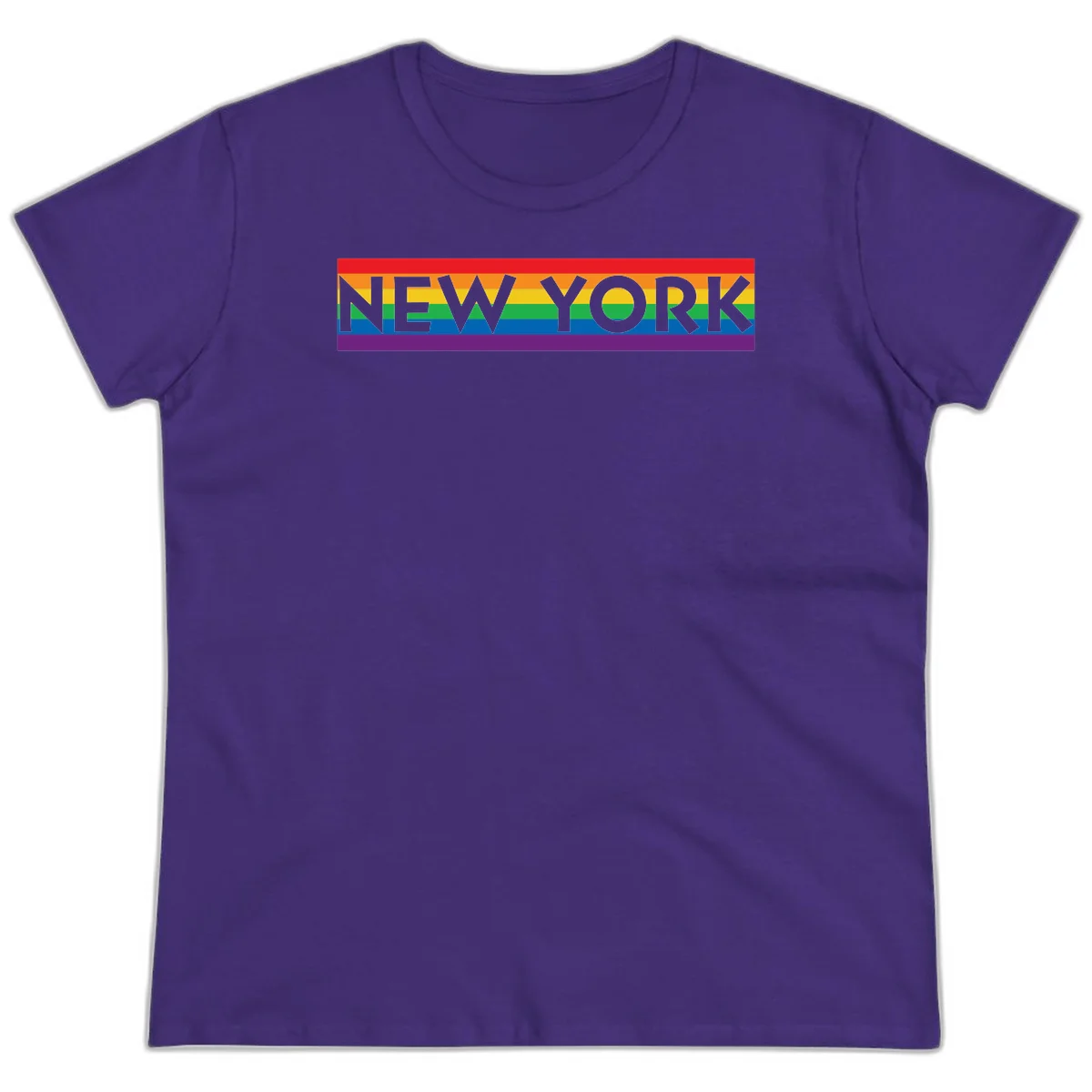 New York pride rainbow design with gray text over six-color pride flag stripes in red, orange, yellow, green, blue, and purple in Purple