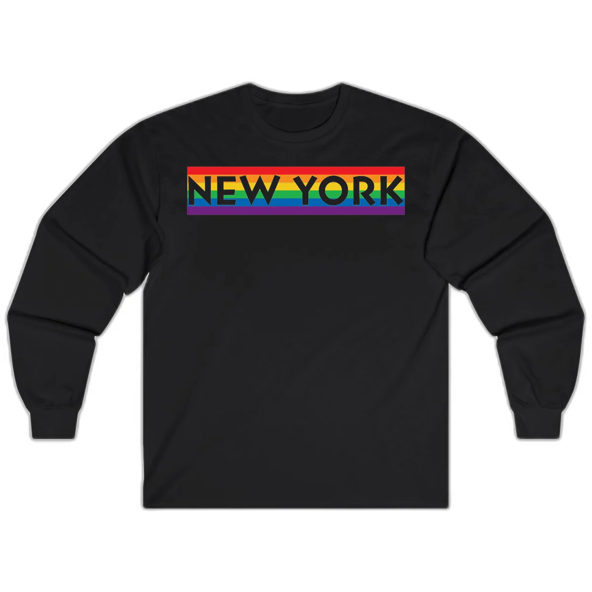New York pride rainbow design with gray text over six-color pride flag stripes in red, orange, yellow, green, blue, and purple in Black