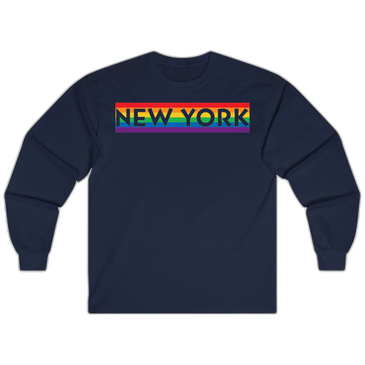 New York pride rainbow design with gray text over six-color pride flag stripes in red, orange, yellow, green, blue, and purple in Navy