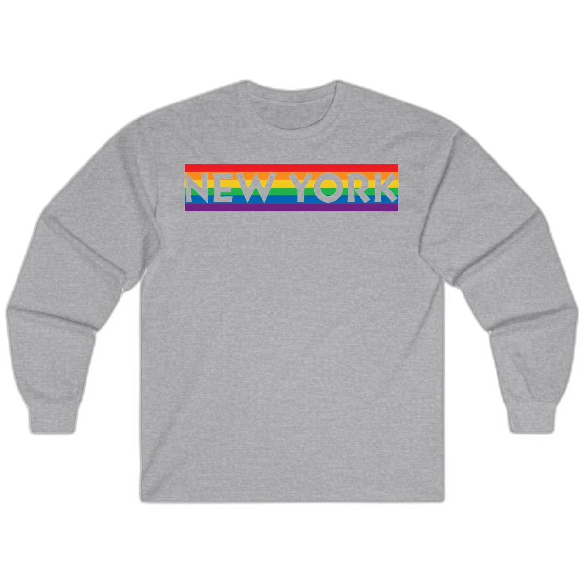 New York pride rainbow design with gray text over six-color pride flag stripes in red, orange, yellow, green, blue, and purple in Sport Grey