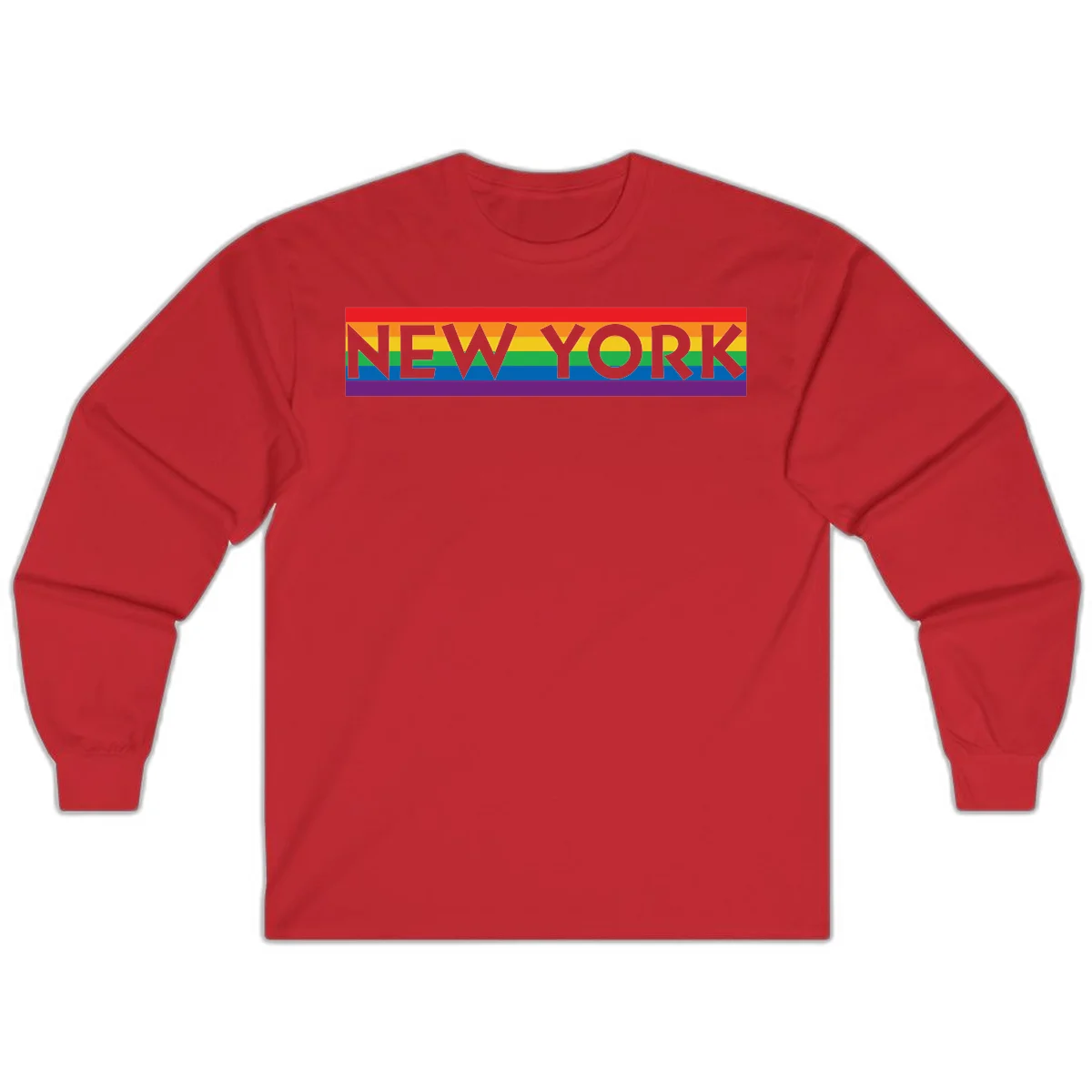 New York pride rainbow design with gray text over six-color pride flag stripes in red, orange, yellow, green, blue, and purple in Red