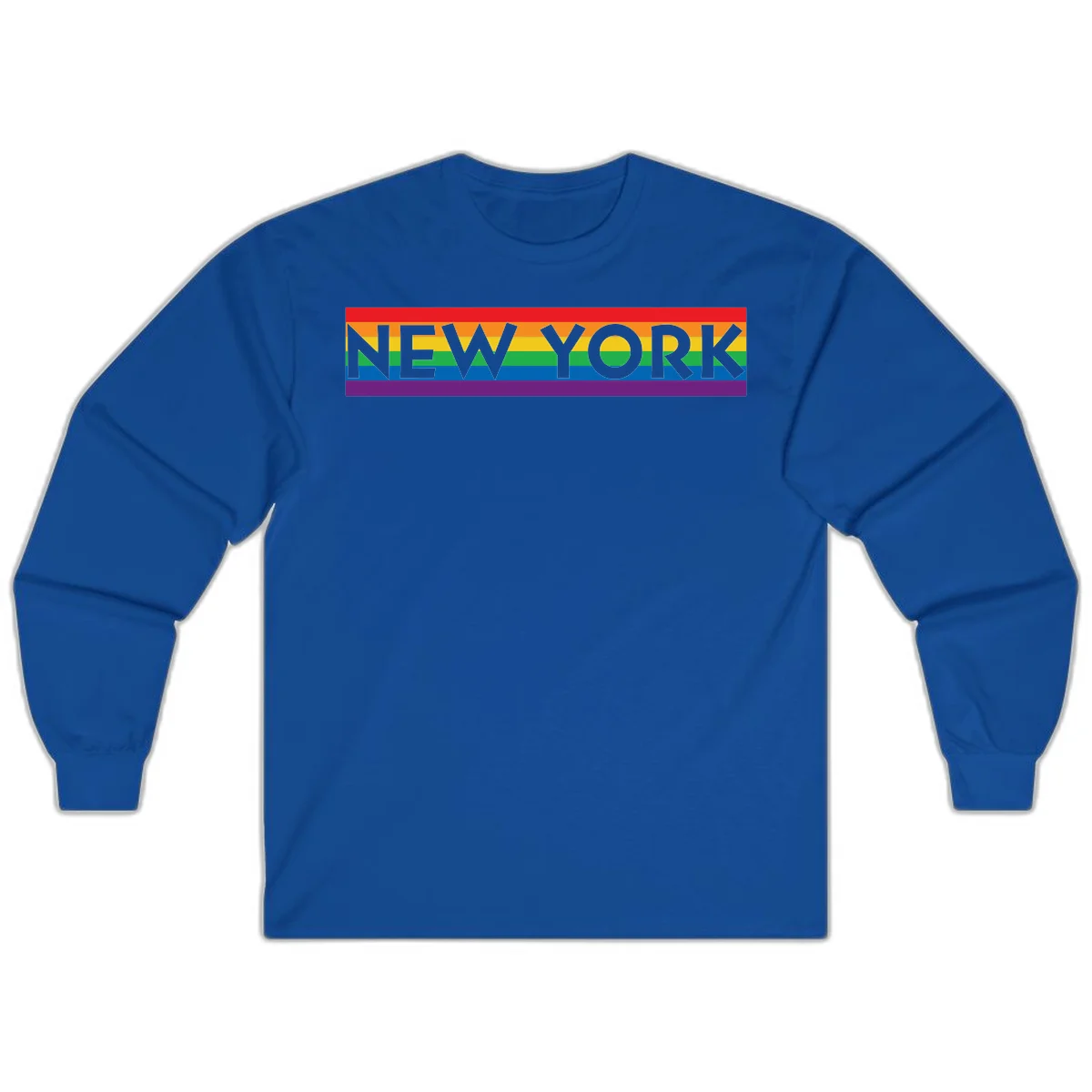 New York pride rainbow design with gray text over six-color pride flag stripes in red, orange, yellow, green, blue, and purple in Royal