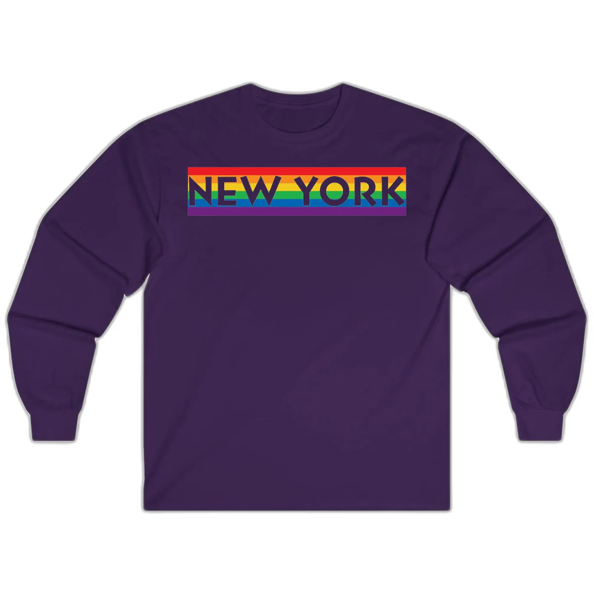 New York pride rainbow design with gray text over six-color pride flag stripes in red, orange, yellow, green, blue, and purple in Purple