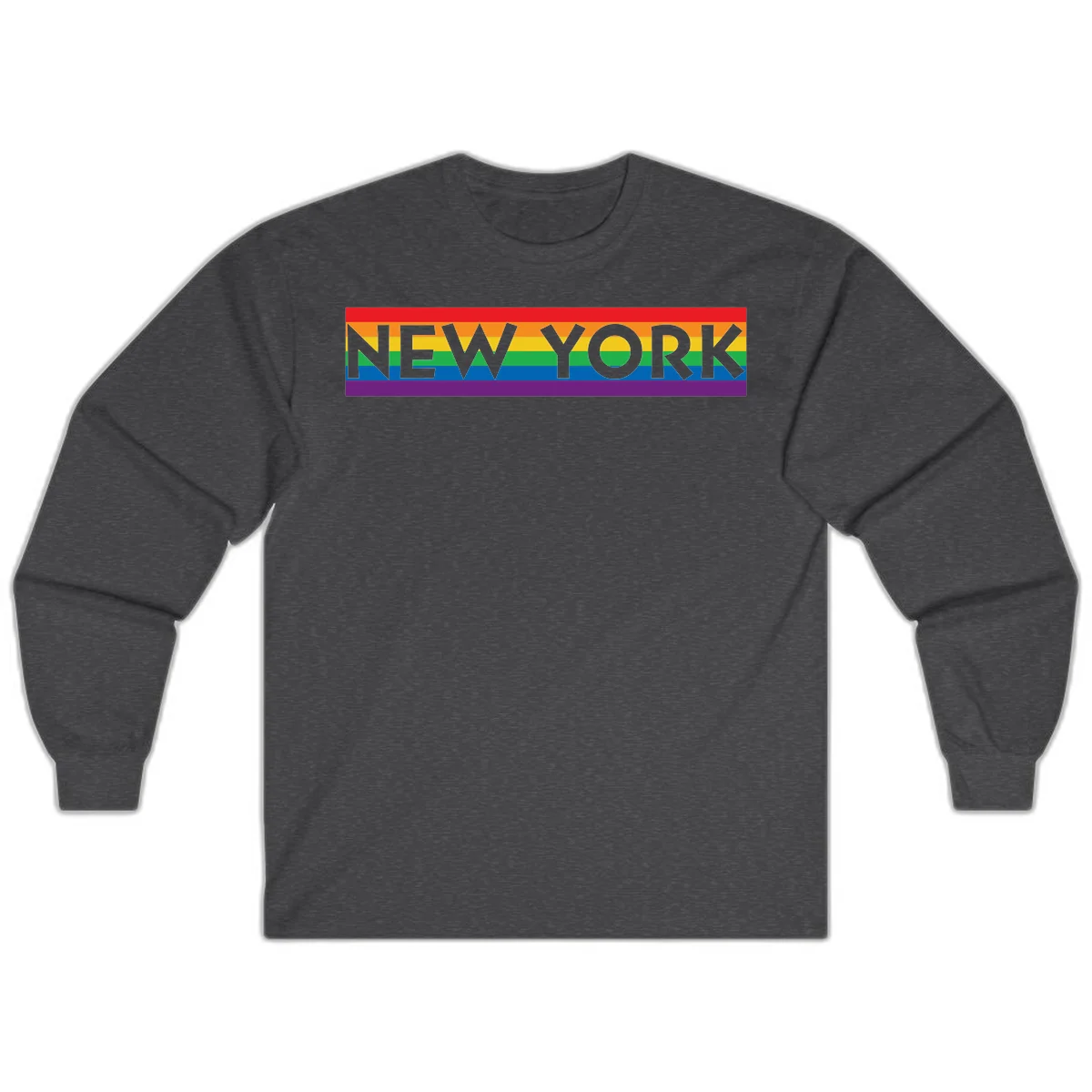 New York pride rainbow design with gray text over six-color pride flag stripes in red, orange, yellow, green, blue, and purple in Dark Heather