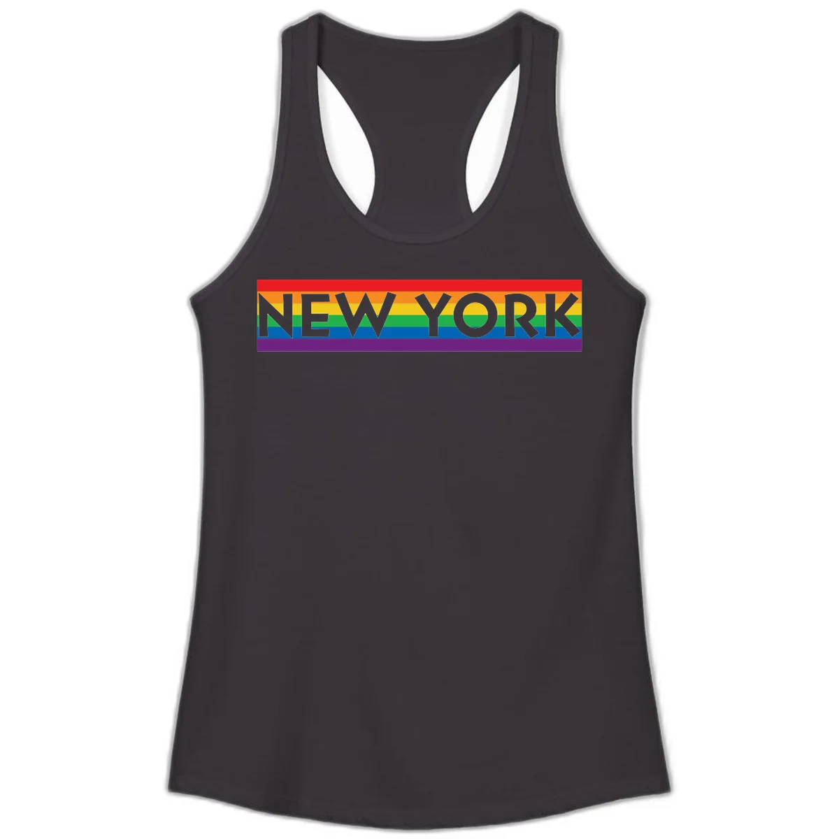 New York pride rainbow design with gray text over six-color pride flag stripes in red, orange, yellow, green, blue, and purple in Black
