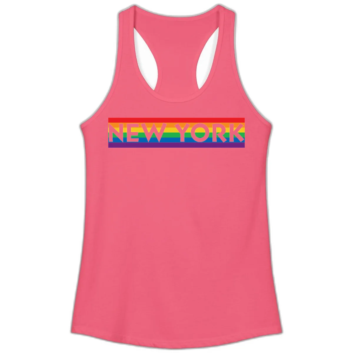 New York pride rainbow design with gray text over six-color pride flag stripes in red, orange, yellow, green, blue, and purple in Hot Pink