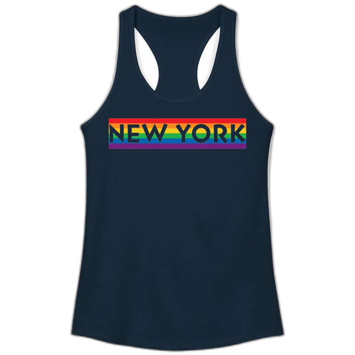 New York pride rainbow design with gray text over six-color pride flag stripes in red, orange, yellow, green, blue, and purple in Solid Midnight Navy