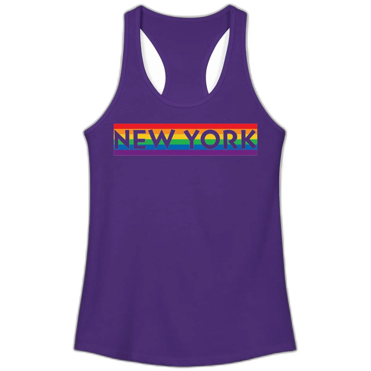New York pride rainbow design with gray text over six-color pride flag stripes in red, orange, yellow, green, blue, and purple in Solid Purple Rush