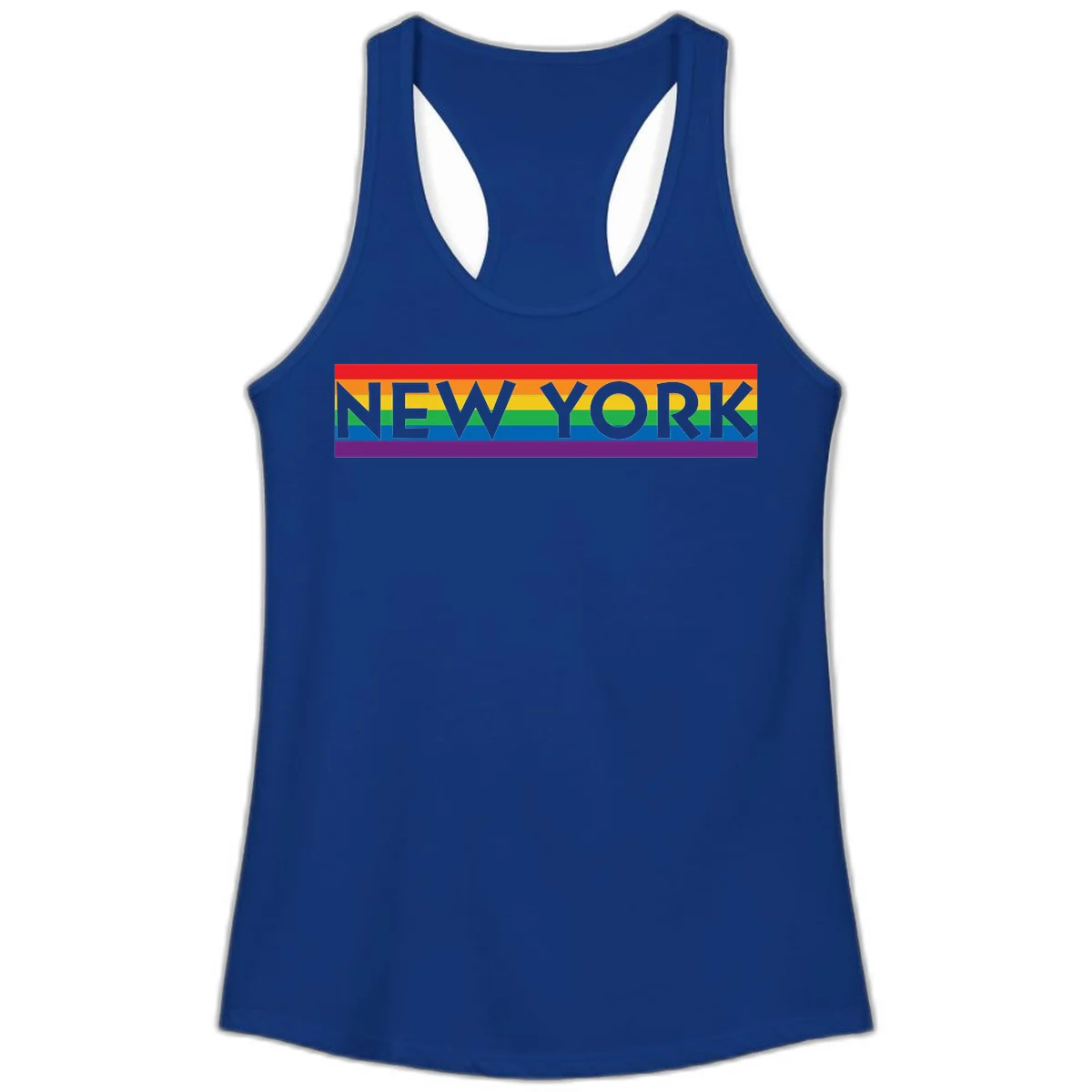 New York pride rainbow design with gray text over six-color pride flag stripes in red, orange, yellow, green, blue, and purple in Solid Royal