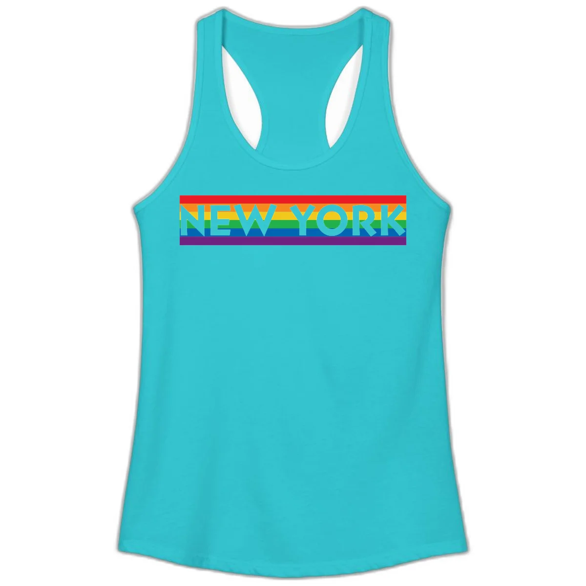 New York pride rainbow design with gray text over six-color pride flag stripes in red, orange, yellow, green, blue, and purple in Solid Tahiti Blue