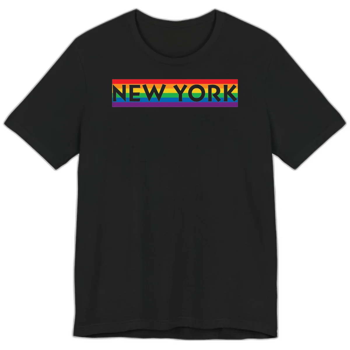 New York pride rainbow design with gray text over six-color pride flag stripes in red, orange, yellow, green, blue, and purple in Black