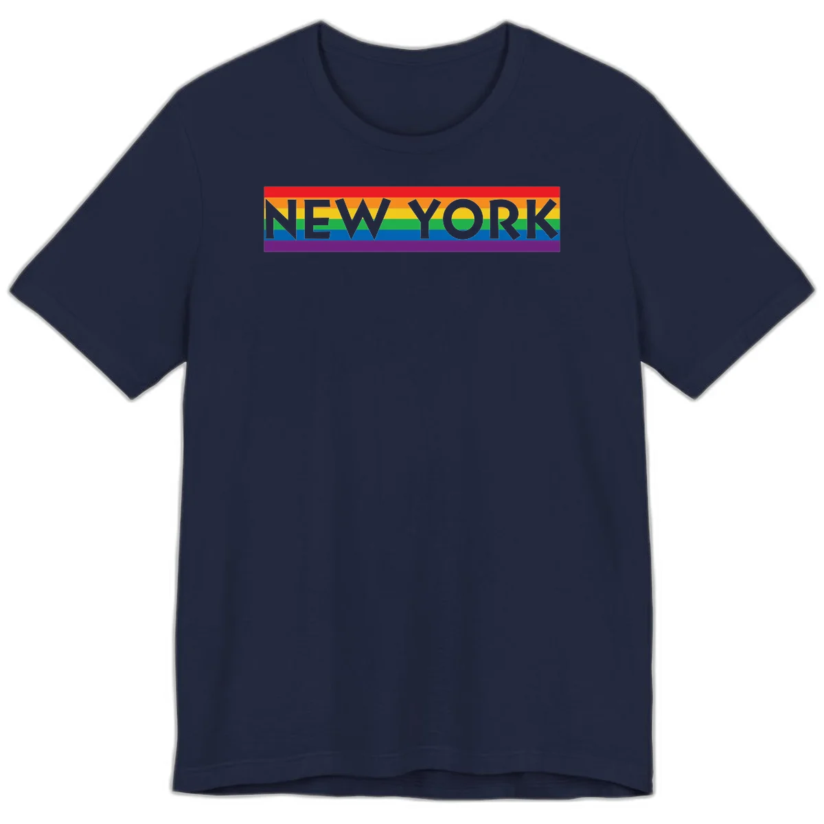 New York pride rainbow design with gray text over six-color pride flag stripes in red, orange, yellow, green, blue, and purple in Navy
