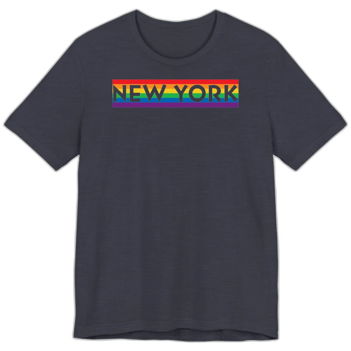 New York pride rainbow design with gray text over six-color pride flag stripes in red, orange, yellow, green, blue, and purple in Heather Midnight Navy