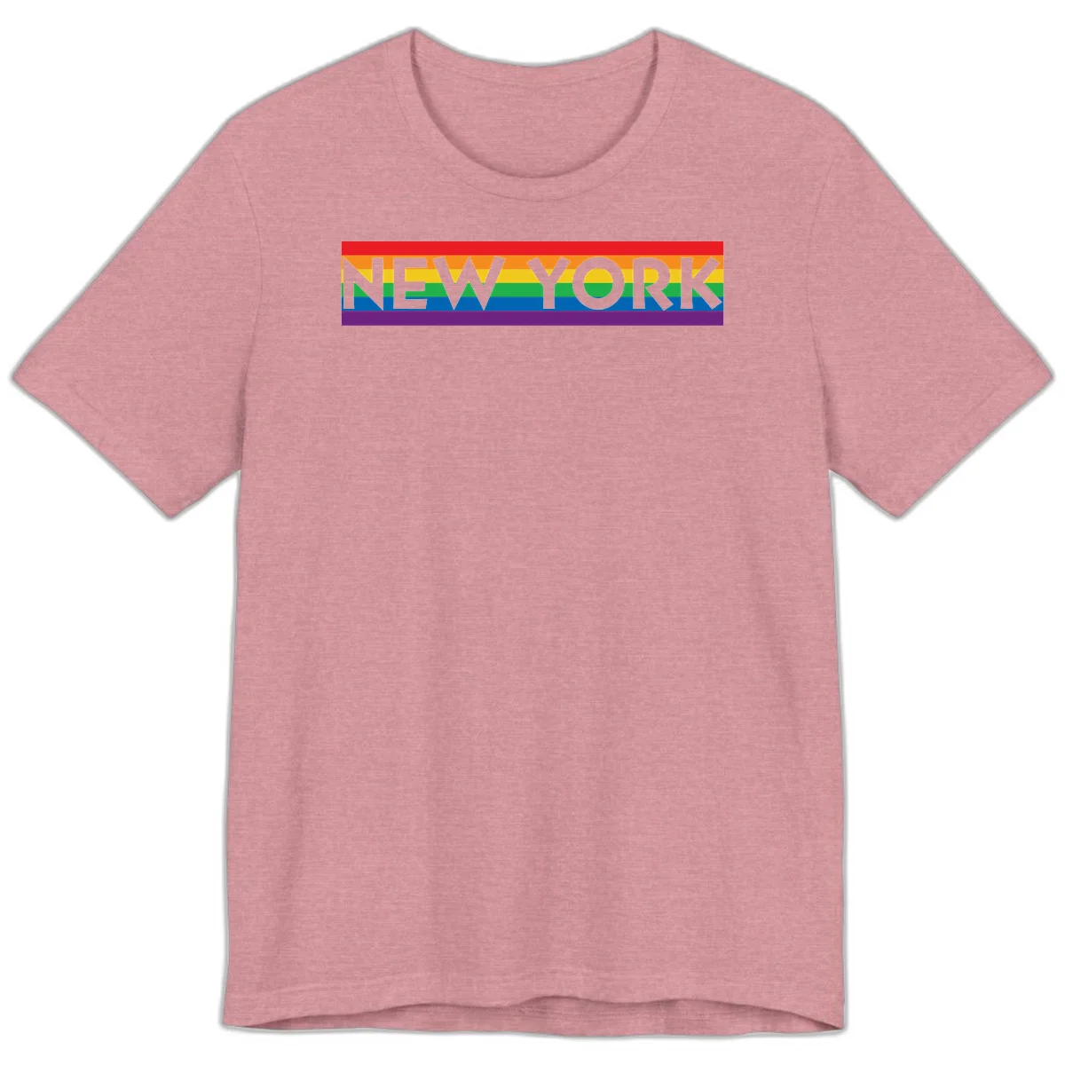 New York pride rainbow design with gray text over six-color pride flag stripes in red, orange, yellow, green, blue, and purple in Heather Orchid