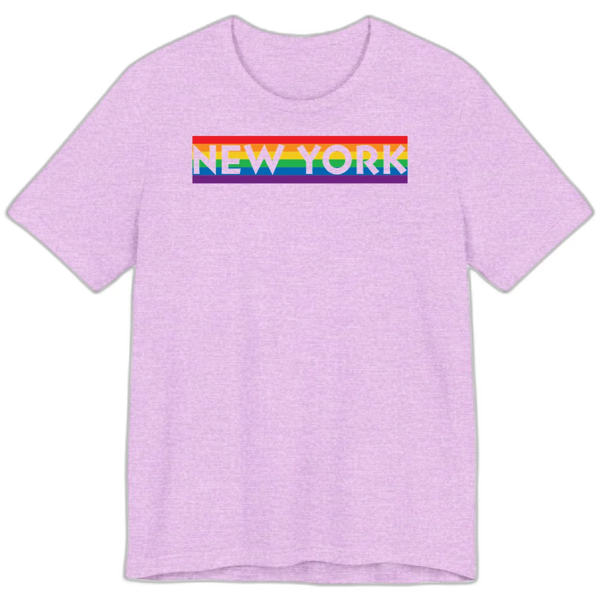 New York pride rainbow design with gray text over six-color pride flag stripes in red, orange, yellow, green, blue, and purple in Heather Prism Lilac