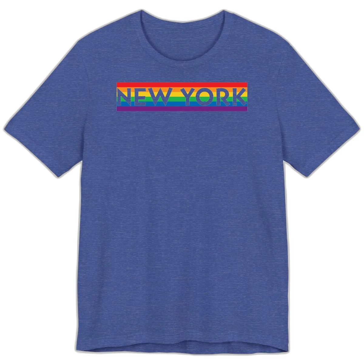 New York pride rainbow design with gray text over six-color pride flag stripes in red, orange, yellow, green, blue, and purple in Heather True Royal