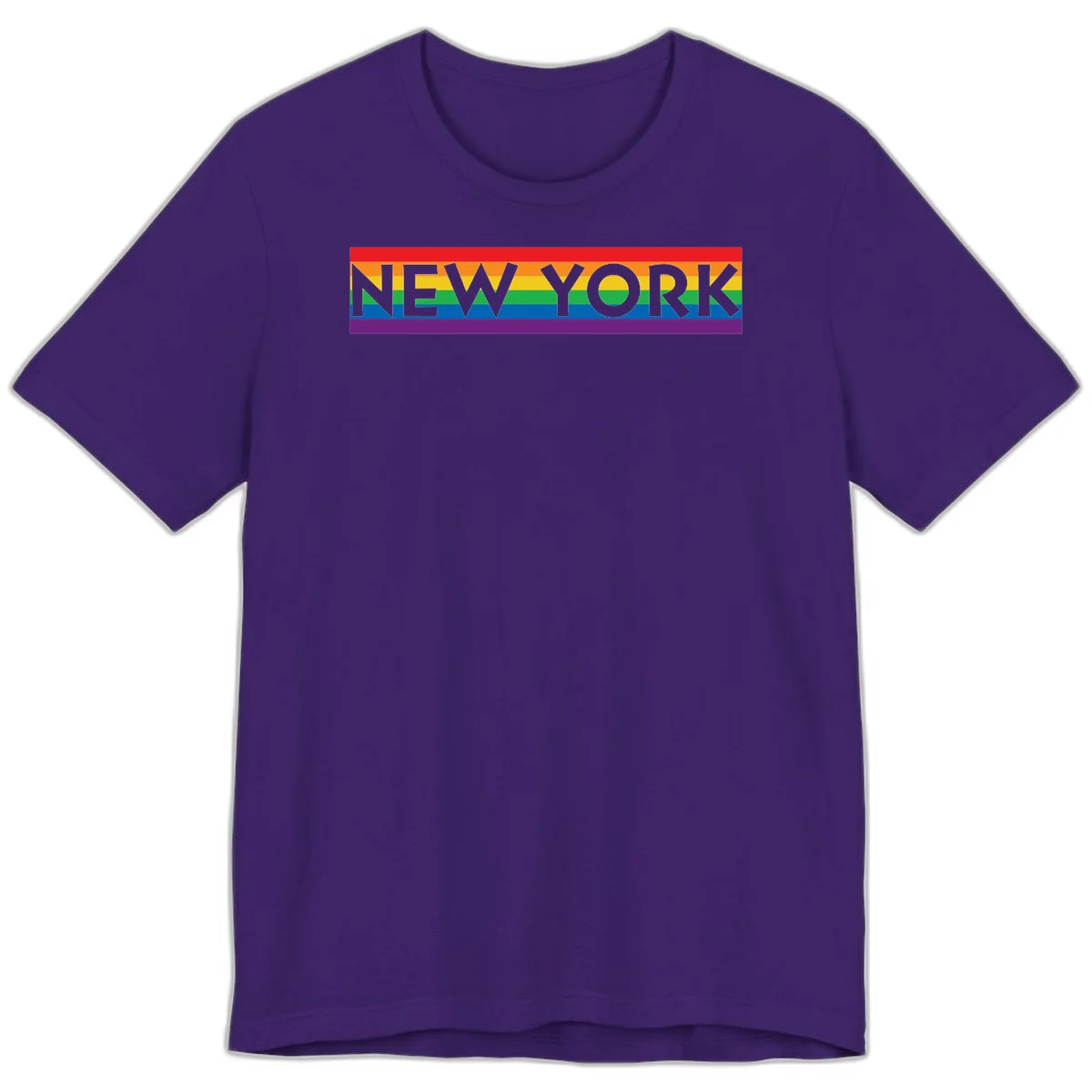 New York pride rainbow design with gray text over six-color pride flag stripes in red, orange, yellow, green, blue, and purple in Team Purple
