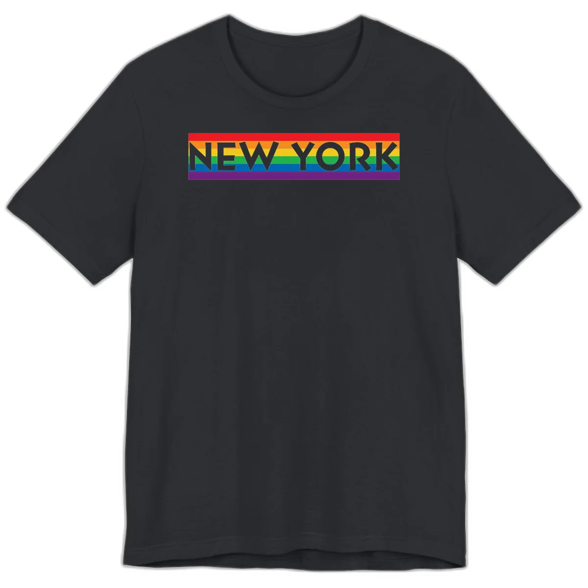 New York pride rainbow design with gray text over six-color pride flag stripes in red, orange, yellow, green, blue, and purple in Vintage Black