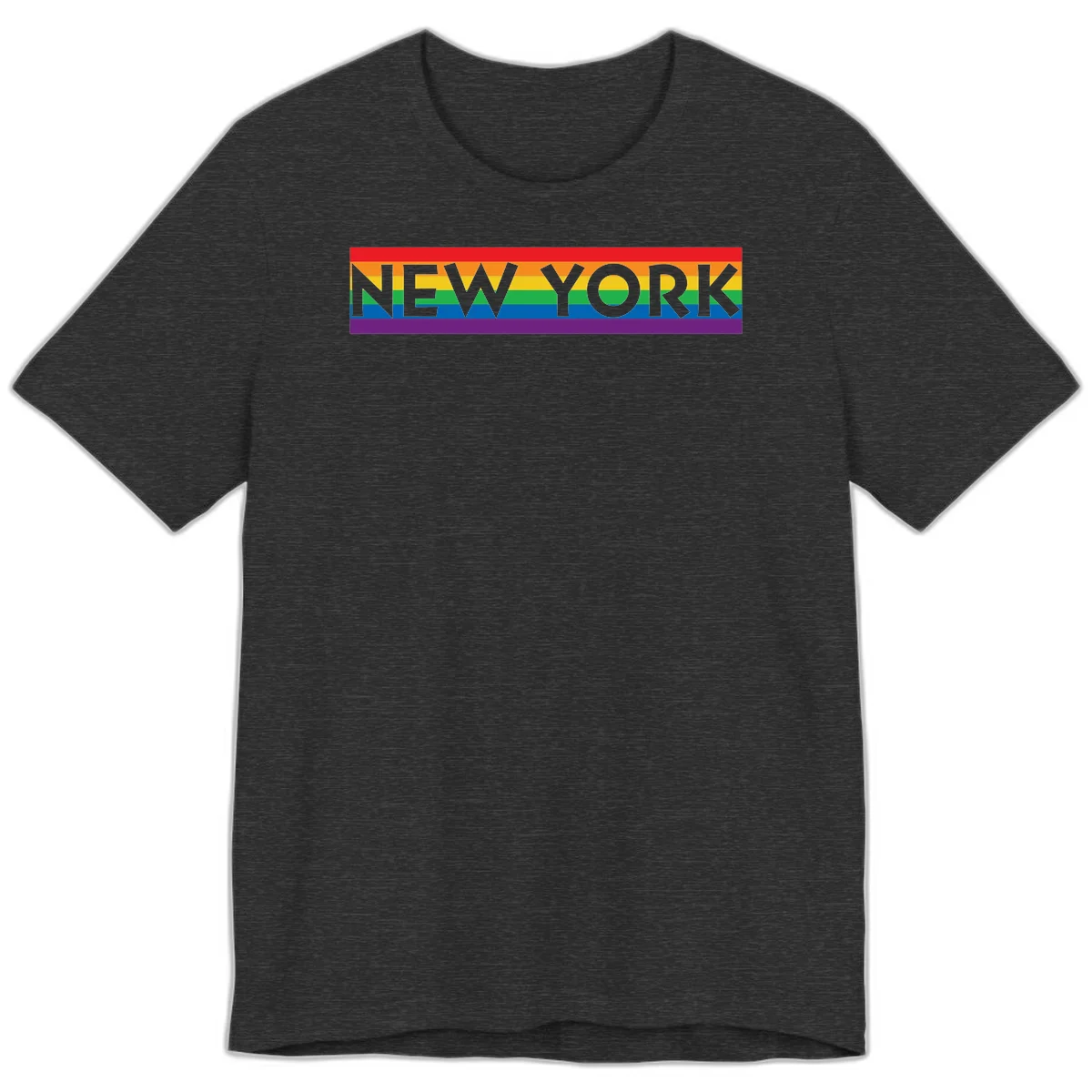 New York pride rainbow design with gray text over six-color pride flag stripes in red, orange, yellow, green, blue, and purple in Dark Grey Heather