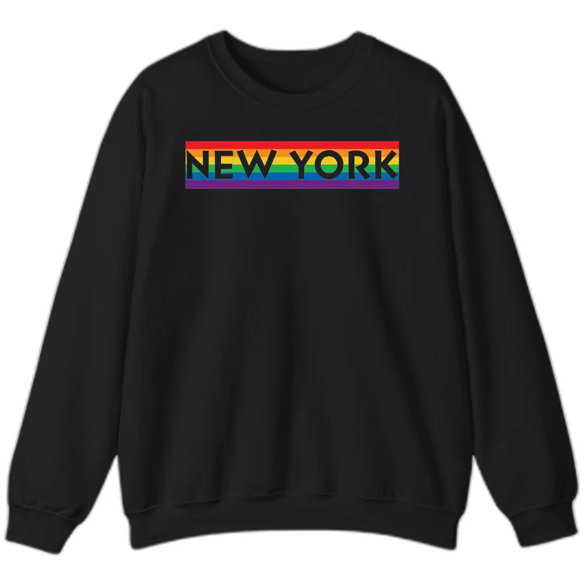 New York pride rainbow design with gray text over six-color pride flag stripes in red, orange, yellow, green, blue, and purple in Black