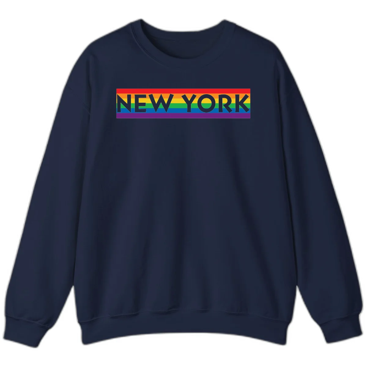 New York pride rainbow design with gray text over six-color pride flag stripes in red, orange, yellow, green, blue, and purple in Navy