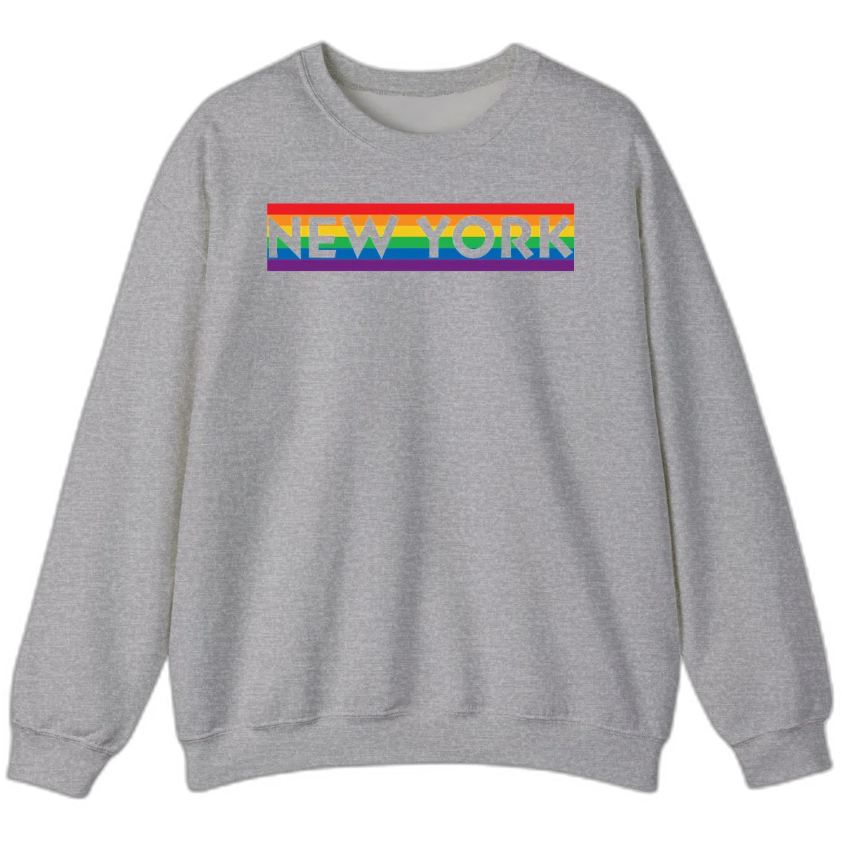 New York pride rainbow design with gray text over six-color pride flag stripes in red, orange, yellow, green, blue, and purple in Sport Grey