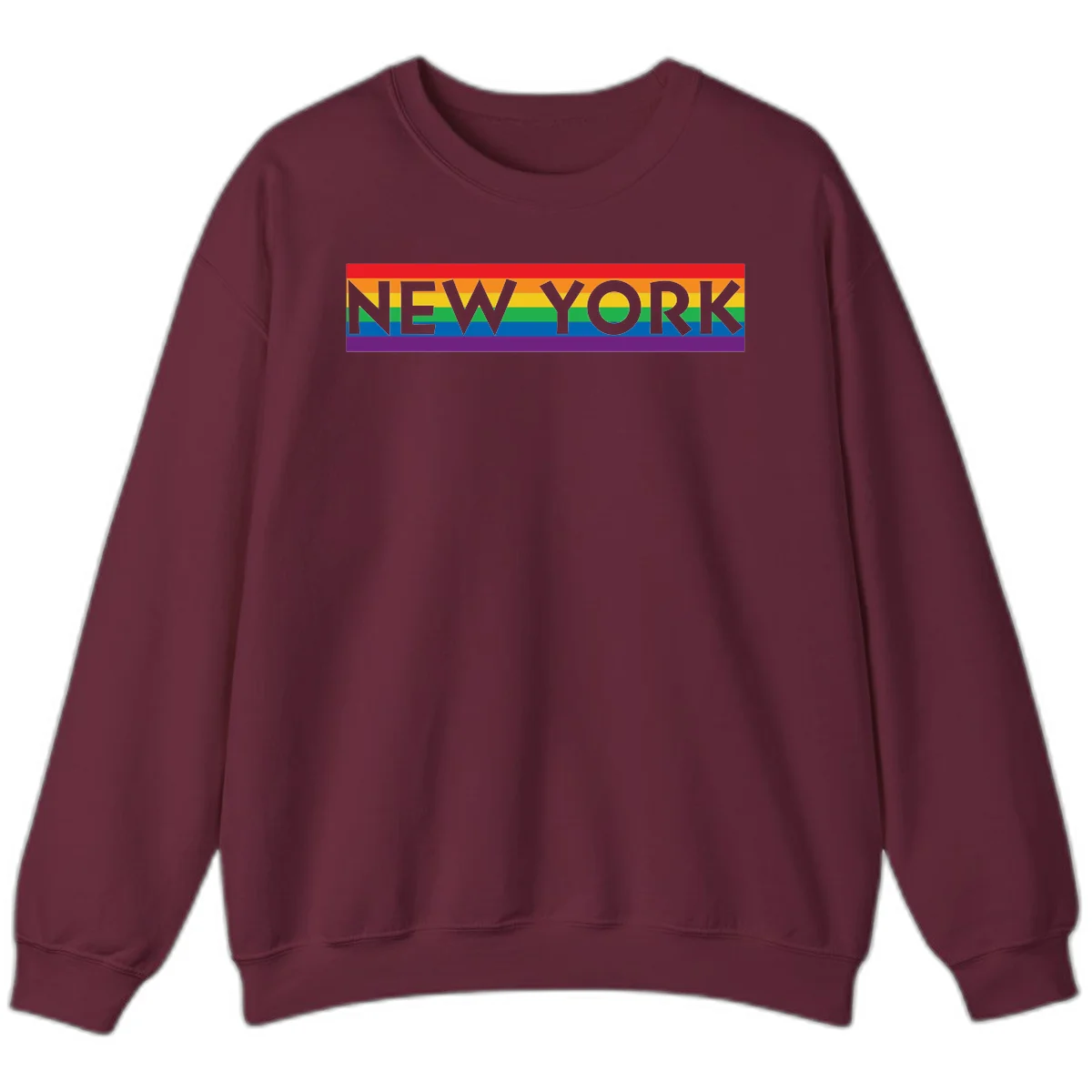 New York pride rainbow design with gray text over six-color pride flag stripes in red, orange, yellow, green, blue, and purple in Maroon