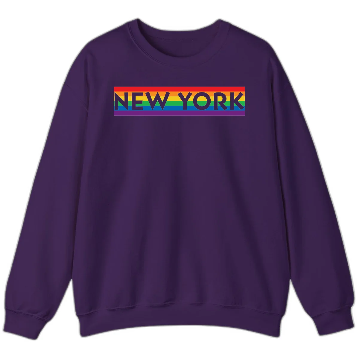 New York pride rainbow design with gray text over six-color pride flag stripes in red, orange, yellow, green, blue, and purple in Purple
