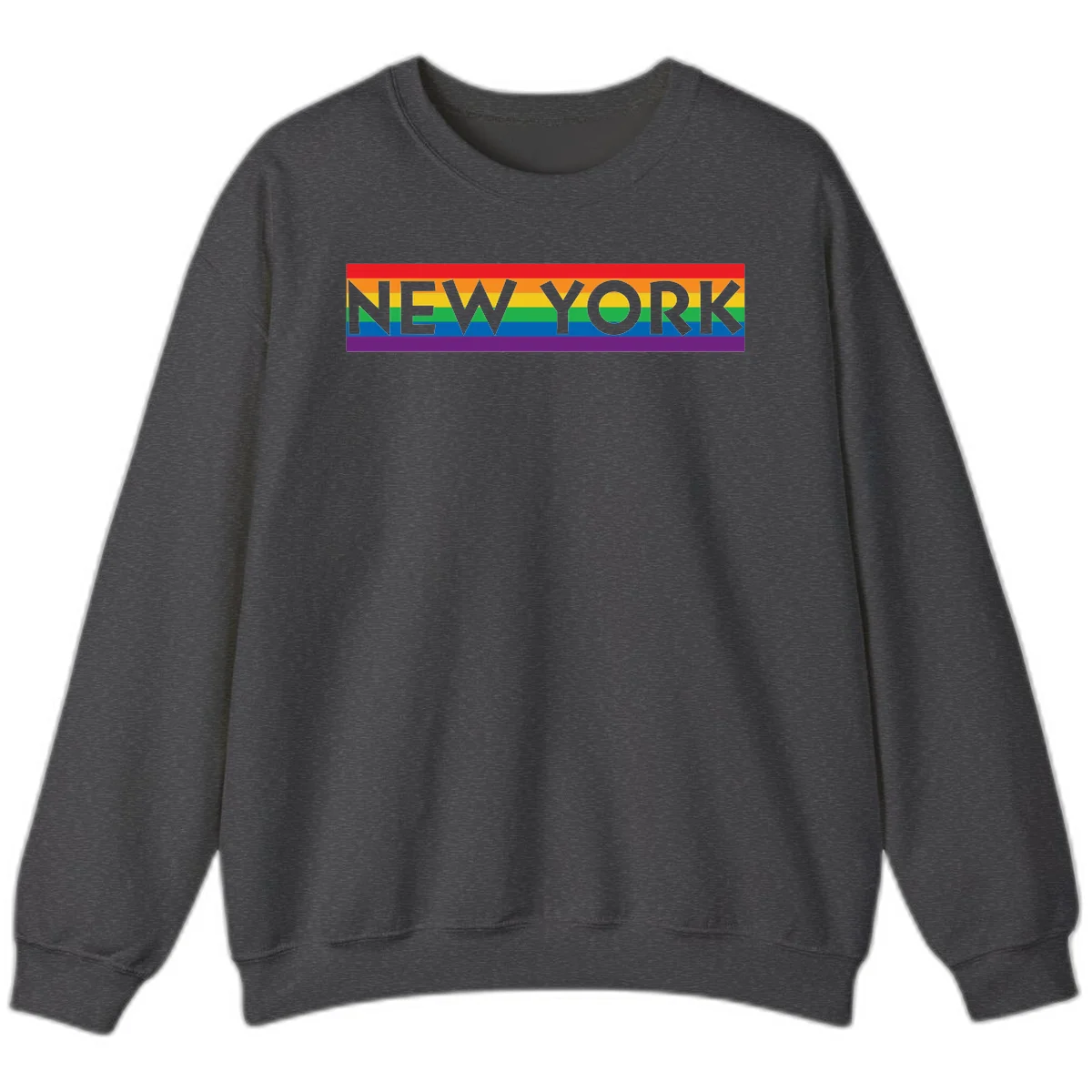 New York pride rainbow design with gray text over six-color pride flag stripes in red, orange, yellow, green, blue, and purple in Dark Heather
