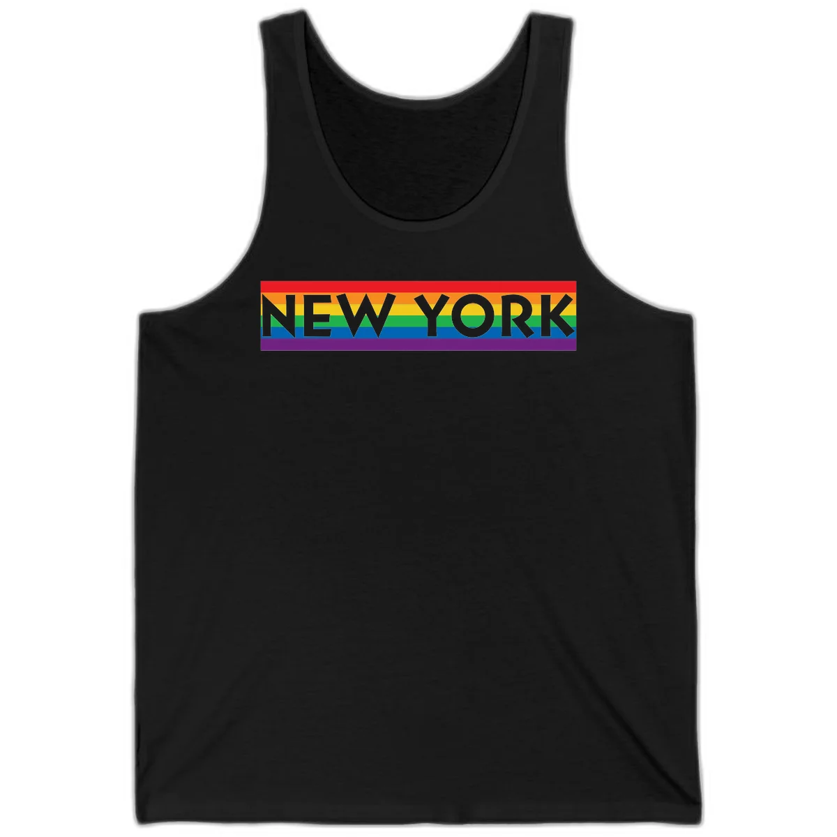 New York pride rainbow design with gray text over six-color pride flag stripes in red, orange, yellow, green, blue, and purple in Black