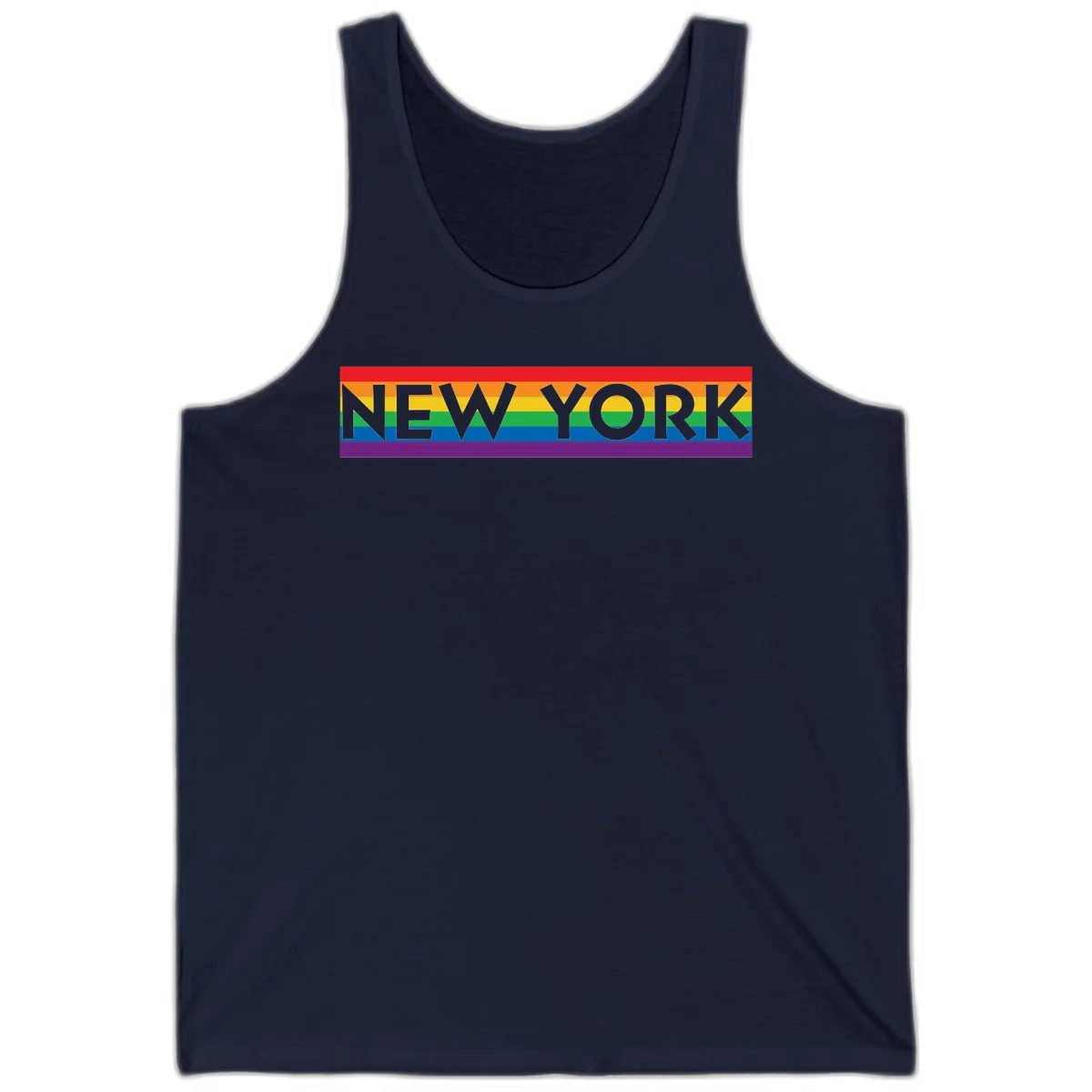 New York pride rainbow design with gray text over six-color pride flag stripes in red, orange, yellow, green, blue, and purple in Navy