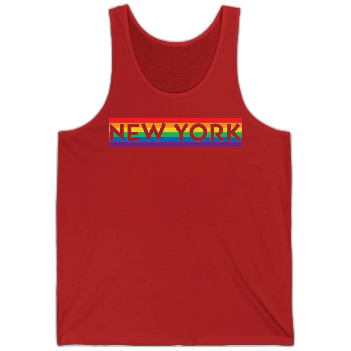 New York pride rainbow design with gray text over six-color pride flag stripes in red, orange, yellow, green, blue, and purple in Red