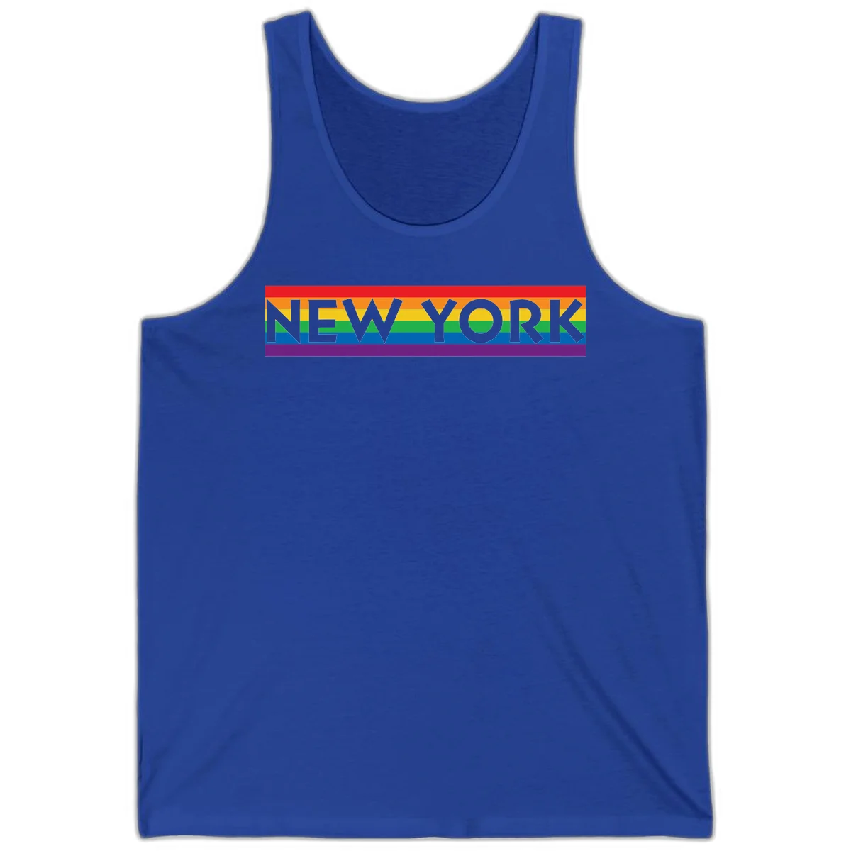 New York pride rainbow design with gray text over six-color pride flag stripes in red, orange, yellow, green, blue, and purple in True Royal