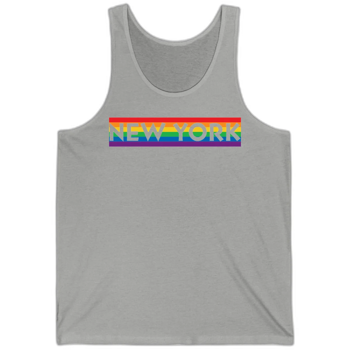 New York pride rainbow design with gray text over six-color pride flag stripes in red, orange, yellow, green, blue, and purple in Athletic Heather