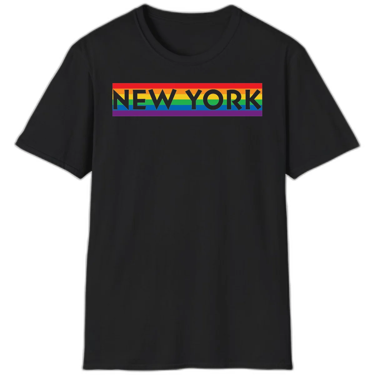 New York pride rainbow design with gray text over six-color pride flag stripes in red, orange, yellow, green, blue, and purple in Black
