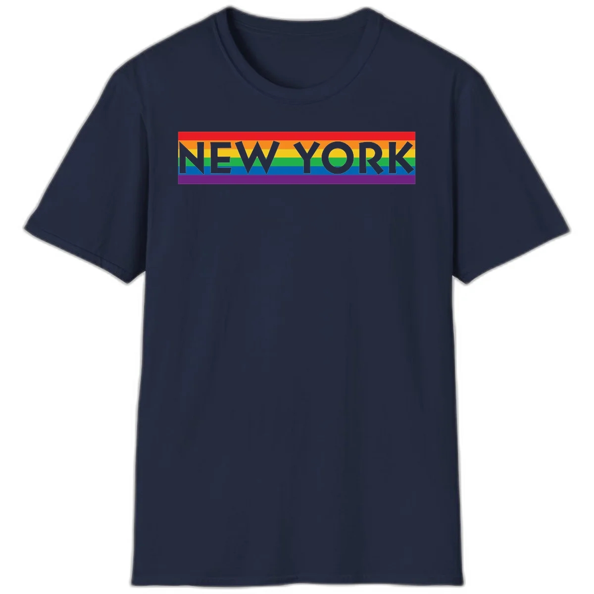 New York pride rainbow design with gray text over six-color pride flag stripes in red, orange, yellow, green, blue, and purple in Navy