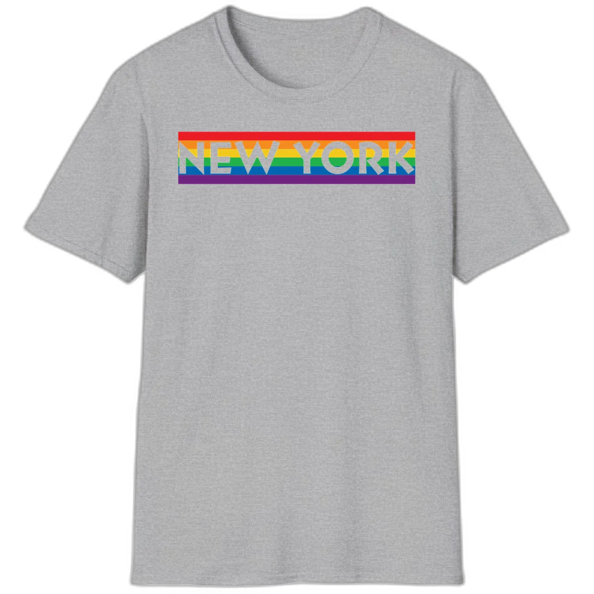 New York pride rainbow design with gray text over six-color pride flag stripes in red, orange, yellow, green, blue, and purple in Sport Grey