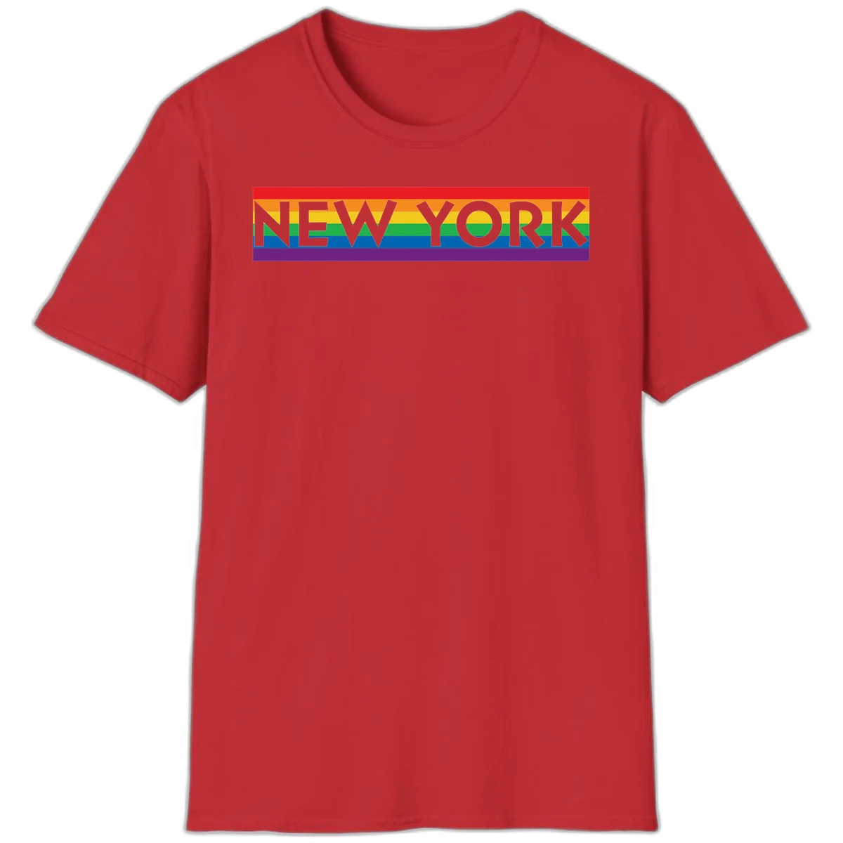 New York pride rainbow design with gray text over six-color pride flag stripes in red, orange, yellow, green, blue, and purple in Red