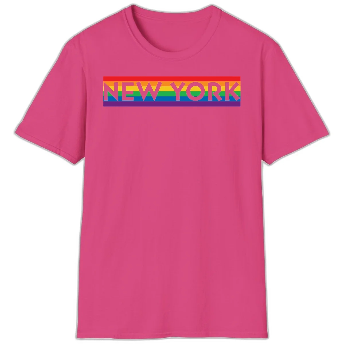 New York pride rainbow design with gray text over six-color pride flag stripes in red, orange, yellow, green, blue, and purple in Heliconia