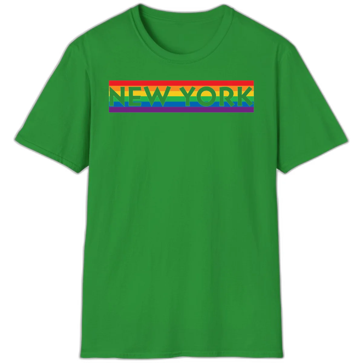 New York pride rainbow design with gray text over six-color pride flag stripes in red, orange, yellow, green, blue, and purple in Irish Green