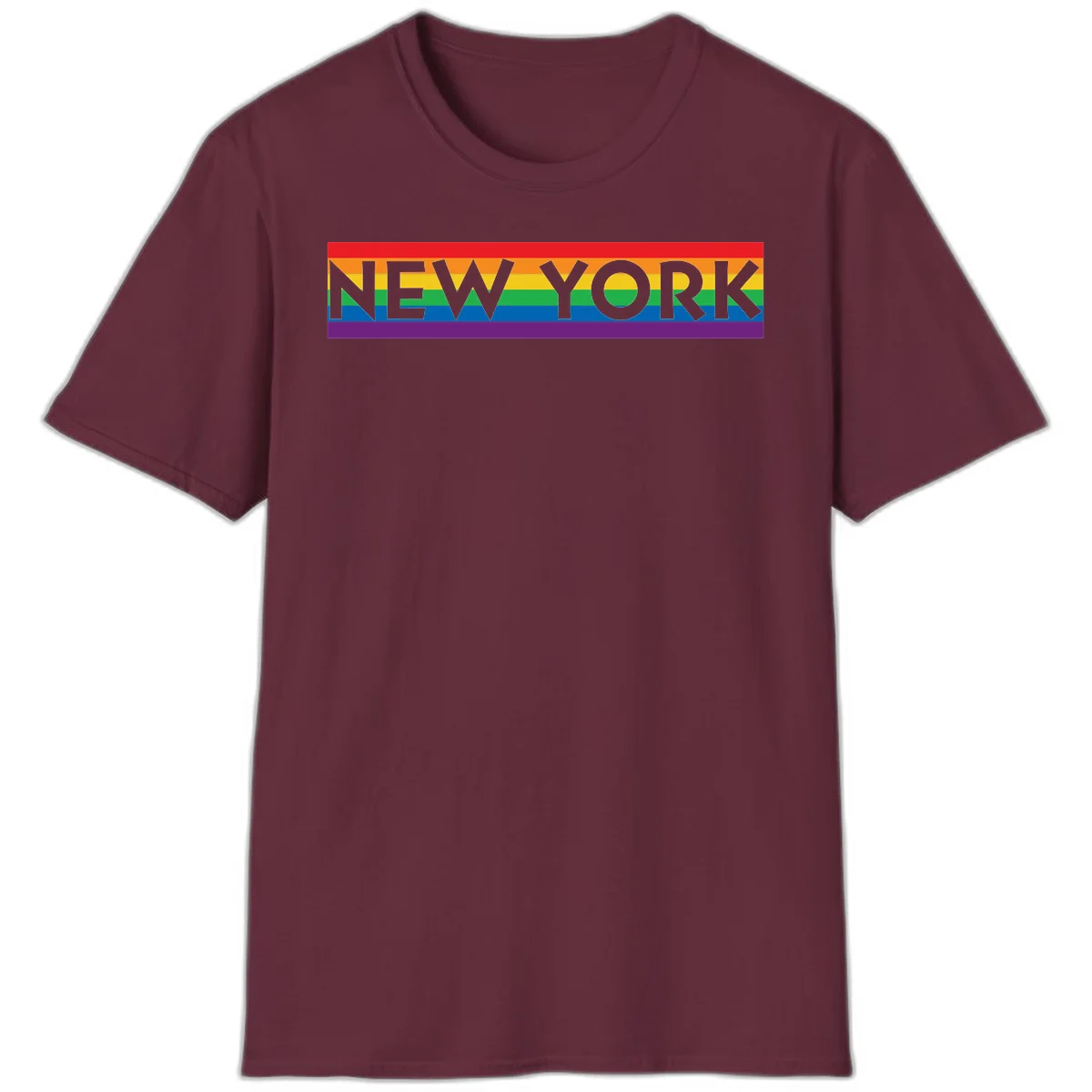New York pride rainbow design with gray text over six-color pride flag stripes in red, orange, yellow, green, blue, and purple in Maroon
