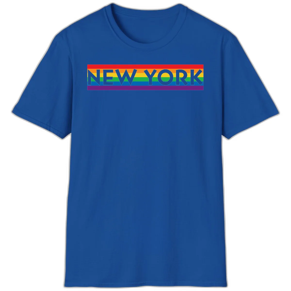 New York pride rainbow design with gray text over six-color pride flag stripes in red, orange, yellow, green, blue, and purple in Royal