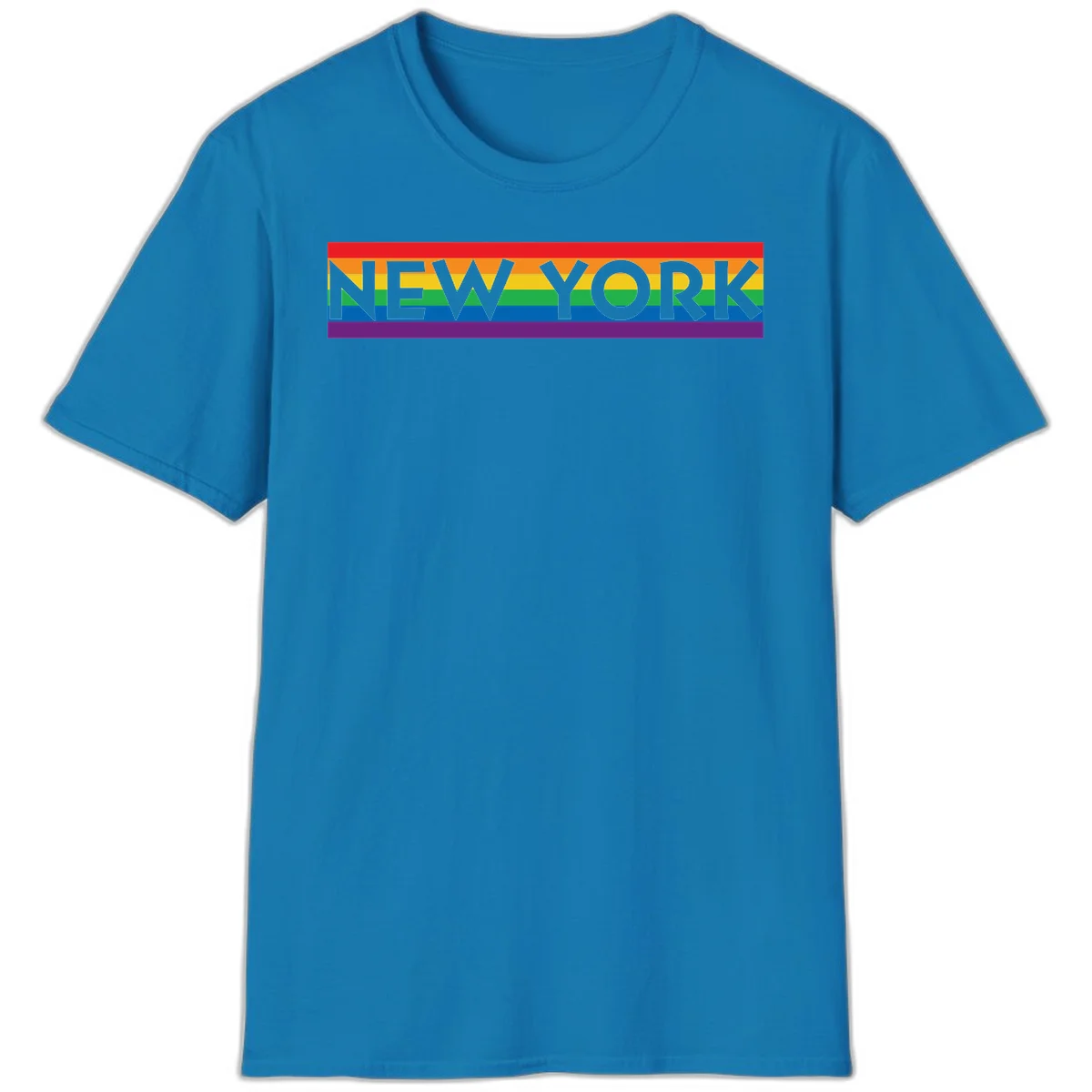 New York pride rainbow design with gray text over six-color pride flag stripes in red, orange, yellow, green, blue, and purple in Sapphire