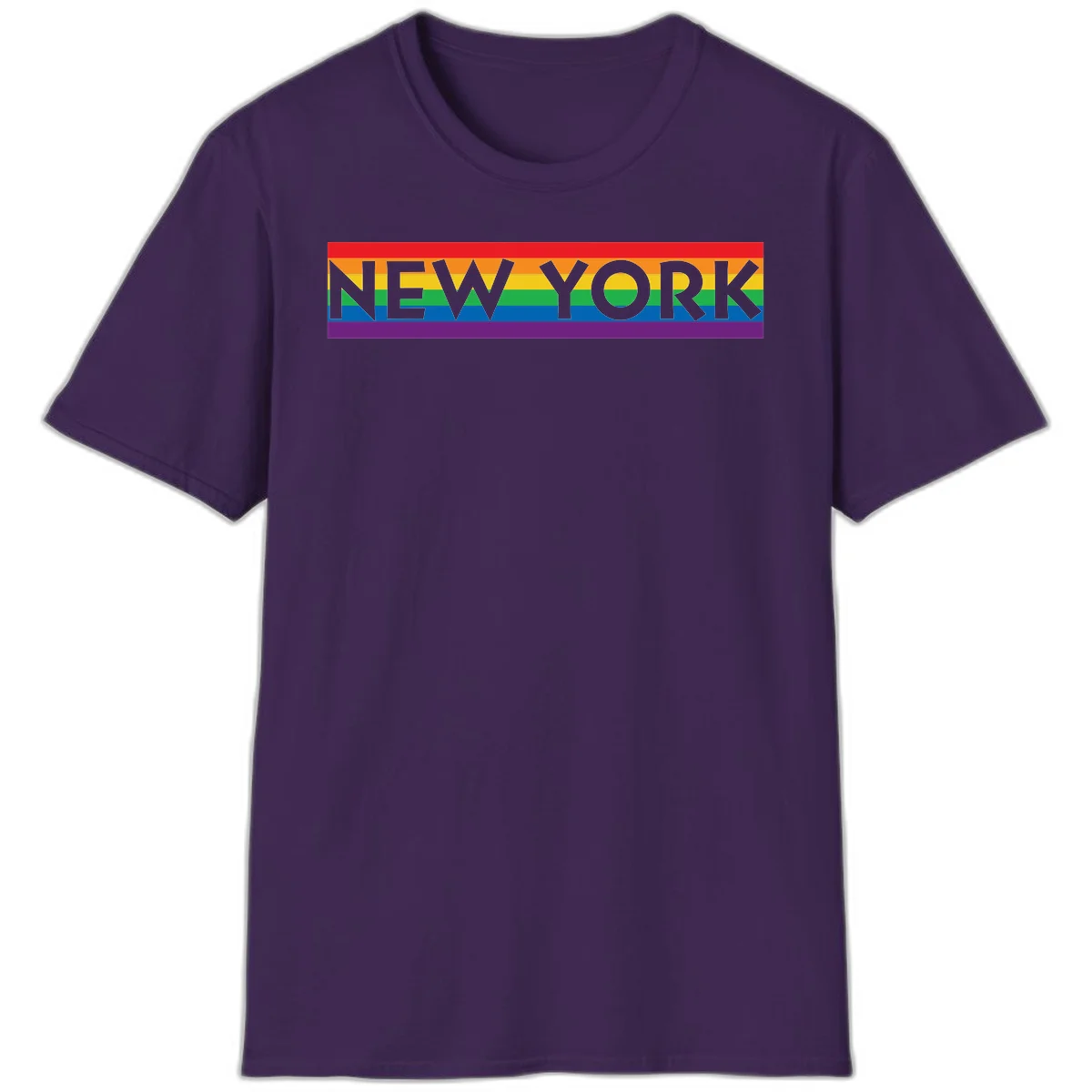 New York pride rainbow design with gray text over six-color pride flag stripes in red, orange, yellow, green, blue, and purple in Purple