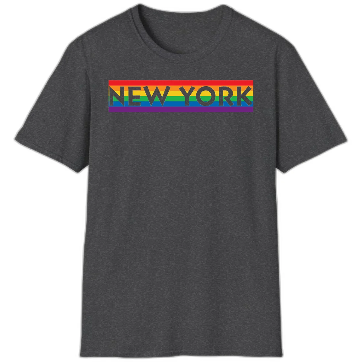 New York pride rainbow design with gray text over six-color pride flag stripes in red, orange, yellow, green, blue, and purple in Dark Heather