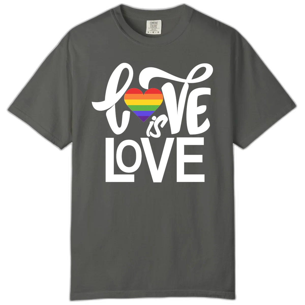 White text reading 'LOVE is LOVE' with a rainbow-striped heart in the center on gray background in Pepper